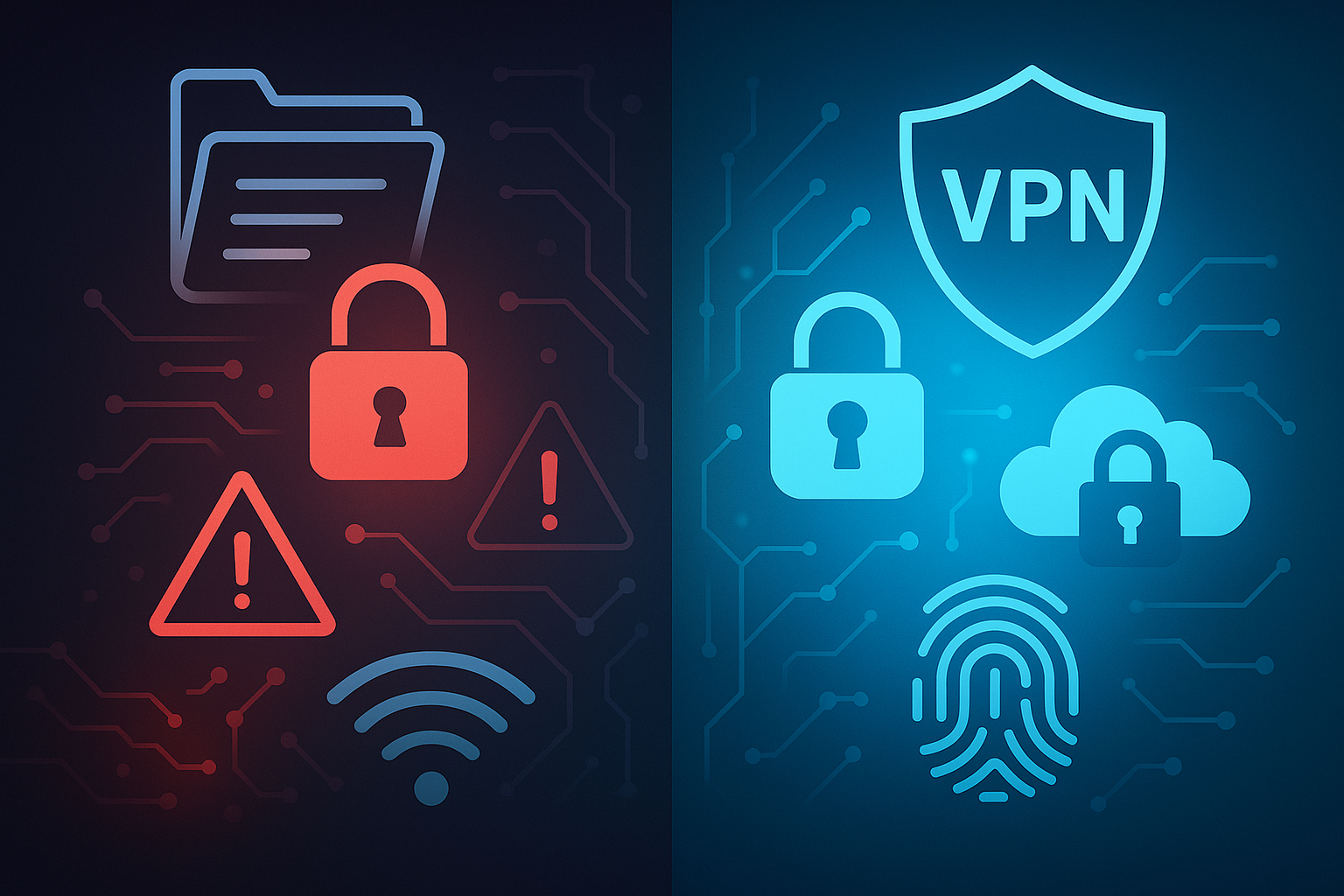 A split-screen digital illustration showing cybersecurity risks and solutions. The left side displays warning signs, an unlocked padlock, and a Wi-Fi symbol in red tones. The right side features a VPN shield, cloud lock, fingerprint, and secure padlock icons on a glowing blue background, representing protection and digital security.