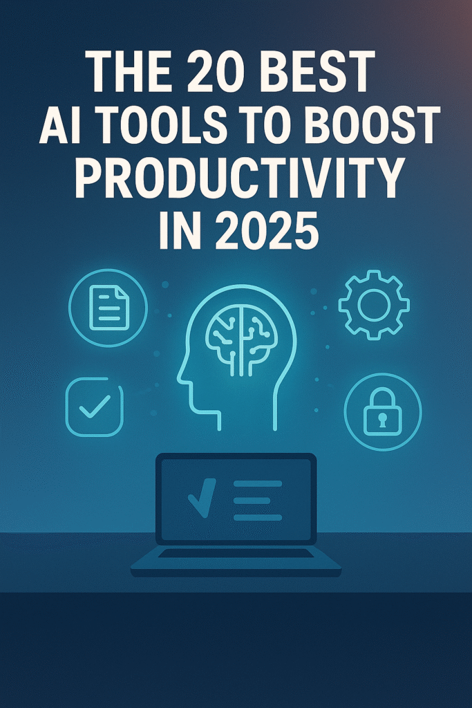 Digital illustration showing a diverse lineup of top AI tools with futuristic icons, glowing interfaces, and the headline "The 20 Best AI Tools to Use Right Now" — representing smart tech and automation.