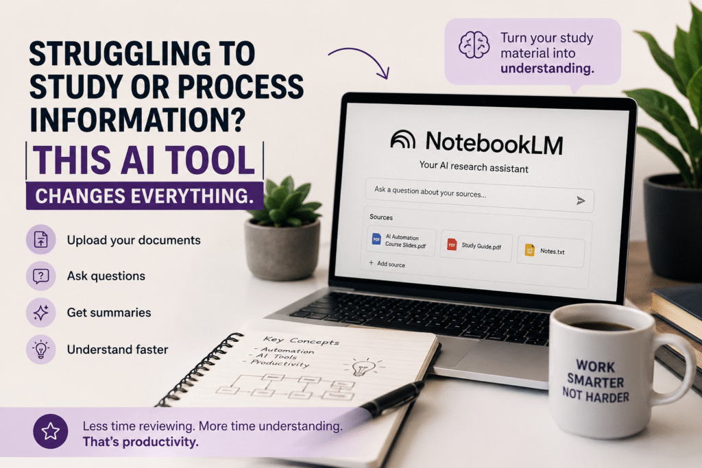 Laptop displaying NotebookLM AI tool with study materials, highlighting how AI helps process information faster and improve productivity