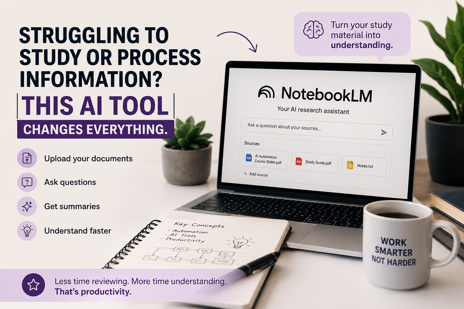 Laptop displaying NotebookLM AI tool with study materials, highlighting how AI helps process information faster and improve productivity