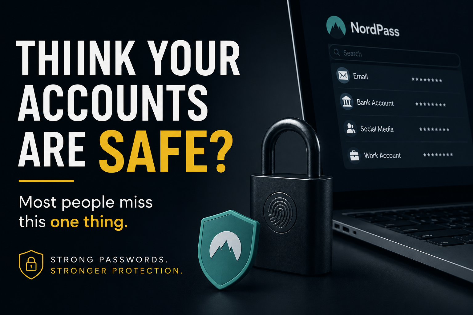 Laptop displaying NordPass password manager with secure login icons, highlighting digital security and protection of online accounts