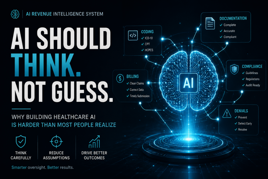 Futuristic healthcare AI illustration showing a connected AI brain linked to documentation, coding, billing, compliance, and denial prevention workflows. Text reads: "AI Should Think. Not Guess. Why Building Healthcare AI Is Harder Than Most People Realize
